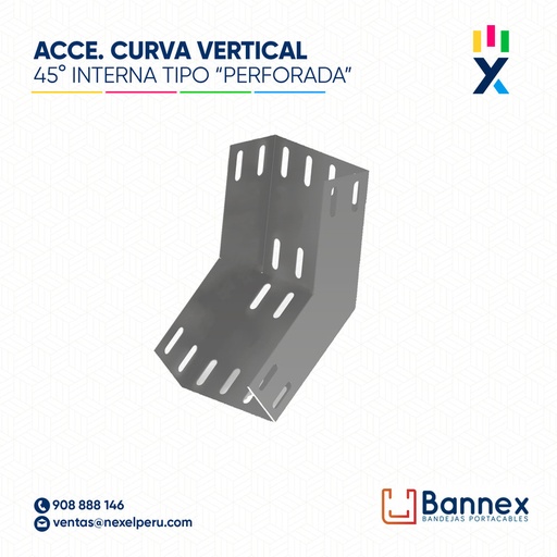 [C148637] CURVA VERTICAL INTERNA 45° GALV. TIPO "PERFORADA" 450x150MM 1.5MM C/TAPA INC. UNION BANNEX