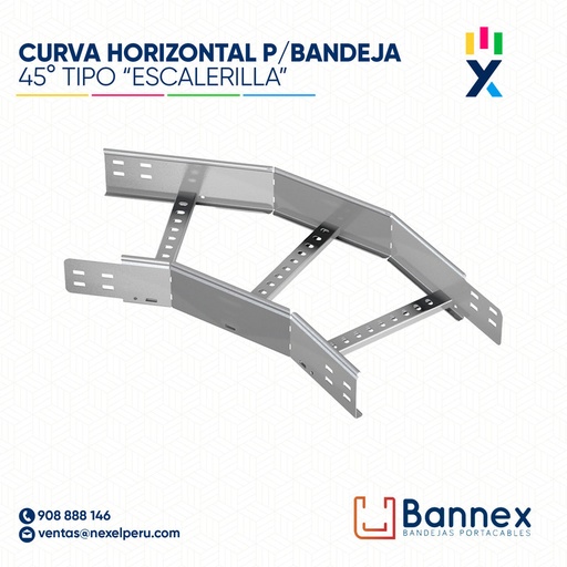 [C152102] CURVA HORIZONTAL 45° GALV. TIPO "ESCALERILLA" 150x150MM 2MM S/TAPA INC. UNION BANNEX