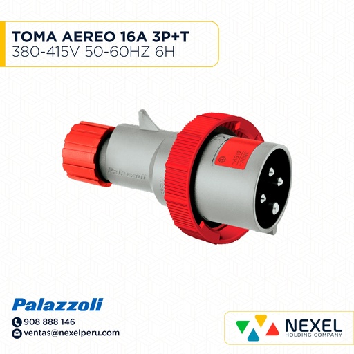 [F114488] TOMA AEREO 16A 3P+T 380-415V 50-60HZ 6H IP44 COD: 720136 PALAZZOLI