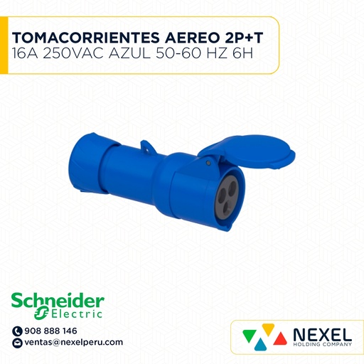 [F113698-O] OUT- TOMACORRIENTES AEREO 2P+T 16A 250VAC AZUL 50-60 HZ 6H IP44 PRATIKA PKY16M423 SCHNEIDER