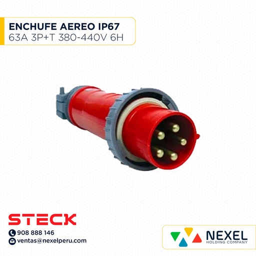 [F113694-O] OUT- ENCHUFE AEREO 63A 3P+T 6H 380-440V ROJO IP67 S4576W STECK