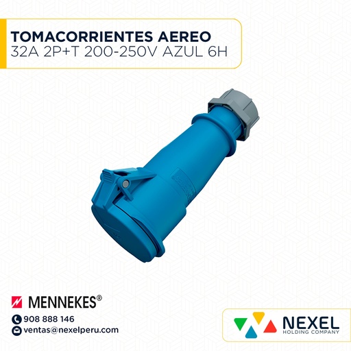 [F113692-O] OUT-TOMACORRIENTES AEREO 32A 2P+T 200-250V AZUL 6H IP44- TYP/522 MENNEKES