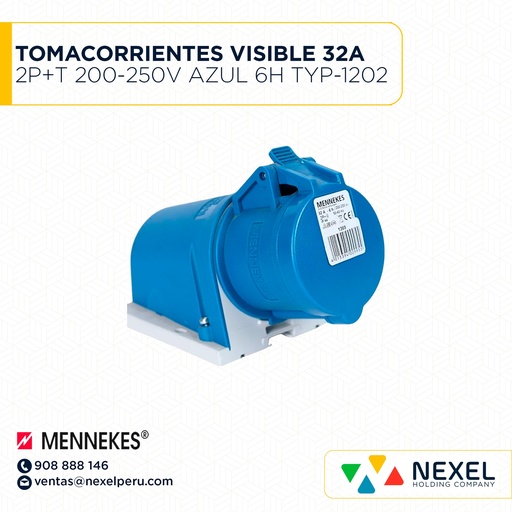[F113691-O] OUT- TOMACORRIENTE VISIBLE 32A 2P+T 200-250V AZUL 6H- TYP-1202 MENNEKES
