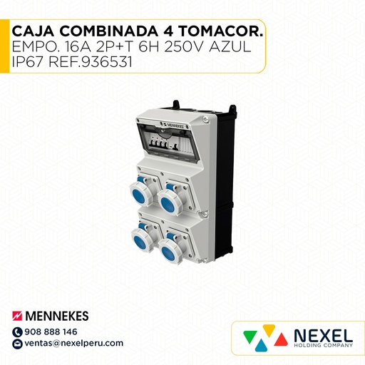 [F112410-O] OUT- CAJA COMBINADA 4 TOMACORRIENTE EMPOTRABLE 16A 2P+T 6H 250V AZUL IP67. C/ 4 INT. TERMICO 1X16A ABB + 1 DIF 2X40A ABB REF.936531 MENNEKES