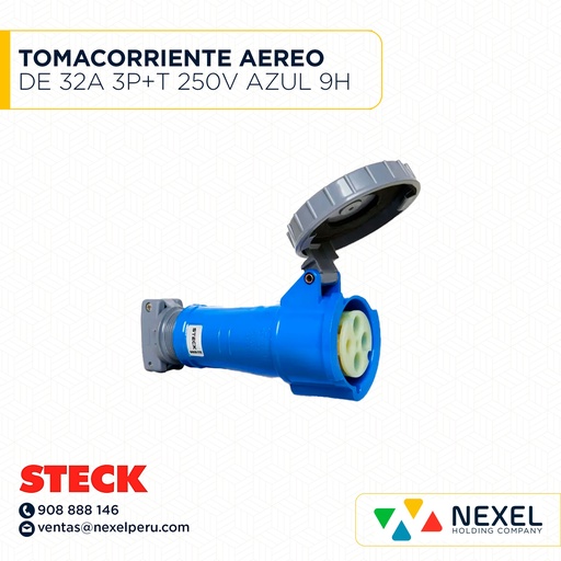 [F111973-O] OUT- TOMACORRIENTE AEREO DE 32A 3P+T 250V AZUL 9H IP67 / S-4259W STECK
