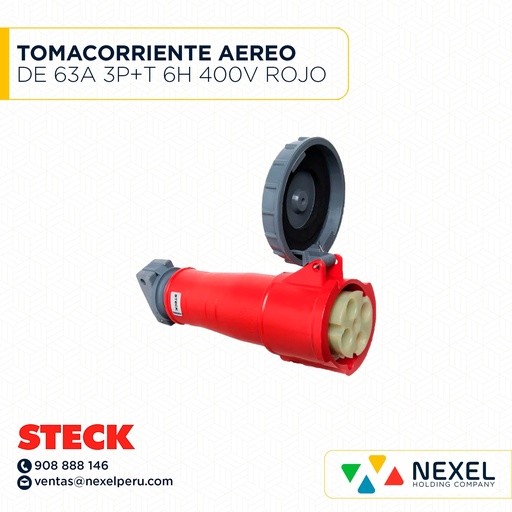 [F111967] TOMACORRIENTE AEREO DE 63A 3P+T 6H 400V ROJO IP67 / S-4556W STECK