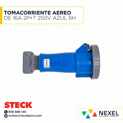 [F111534] TOMACORRIENTE AEREO DE 16A 2P+T 250V AZUL 6H IP67 / S-3056W STECK