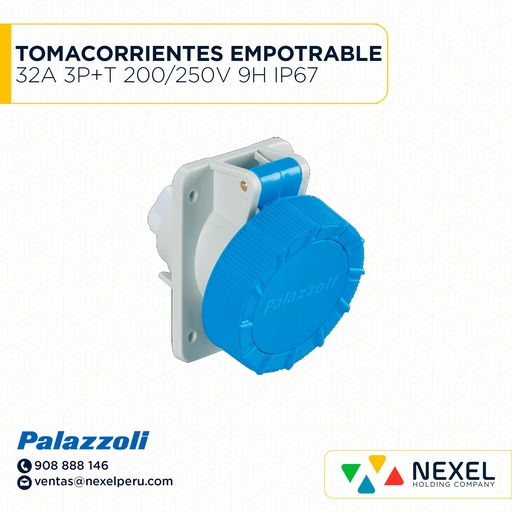 [F111384] TOMACORRIENTES EMPOTRABLE 32A 3P+T 200/250V 9H IP67 489239 AZUL PALAZZOLI