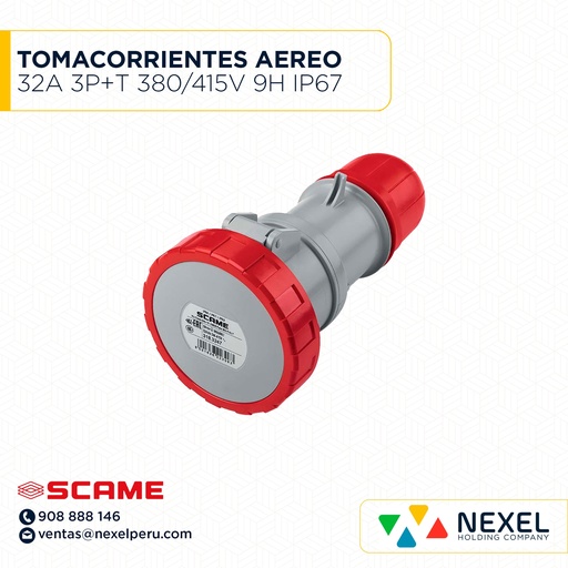 [F111364-O] OUT- TOMACORRIENTES AEREO 32A 3P+T 380/415V 9H IP67 318.3246 ROJO SCAME