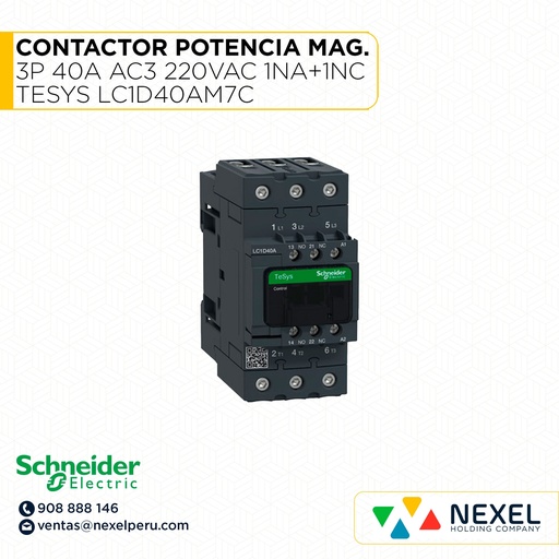 [G352695] CONTACTOR POTENCIA MAGNETICO 3P 40A AC3 220VAC 1NA+1NC TESYS LC1D40AM7C SCHNEIDER