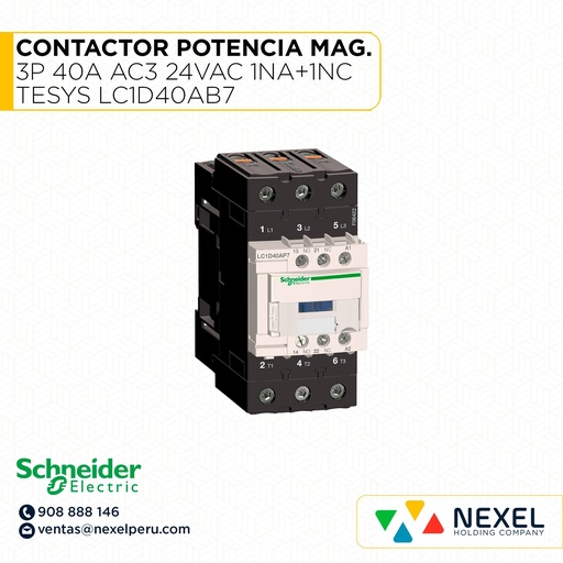 [G36280] CONTACTOR POTENCIA MAGNETICO 3P 40A AC3 24VAC 1NA+1NC TESYS LC1D40AB7 SCHNEIDER