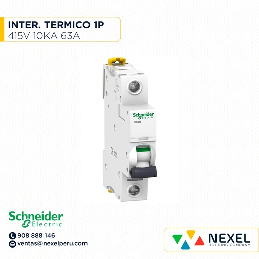 [G16208-O] OUT-INTERRUPTOR AUT TERMOMAG P/RIEL 1P 63A 230/415VAC 10/3KA IC60N A9F74163 SCHNEIDER