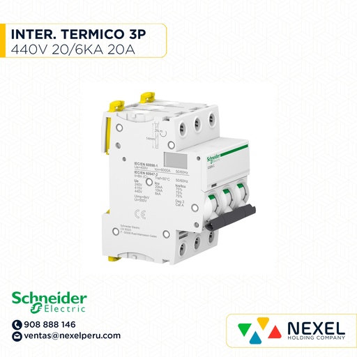 [G16205-O] OUT-INTERRUPTOR AUT TERMOMAG P/RIEL 3P 20A 230/440VAC 20/6KA IC60N A9F74320 SCHNEIDER