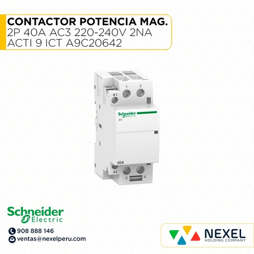 [G34640] CONTACTOR POTENCIA MAGNETICO 2P 40A AC3 220-240V 2NA ACTI 9 ICT A9C20642 SCHNEIDER