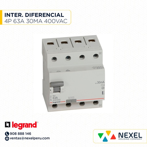 [G12688] INTERRUPTOR DIFERENCIAL 4P 63A 400VAC 30MA TIPO AC RX3 402064 LEGRAND