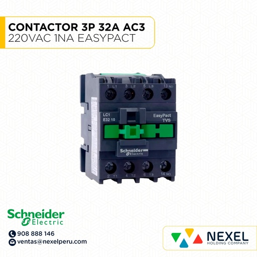 [G32665] CONTACTOR 3P 32A AC3 220VAC 1NA EASYPACT LC1E3210M6 SCHNEIDER