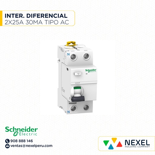 [G12485] INTERRUPTOR DIFERENCIAL 2X25A 30MA ACTI9-ILD TIPO AC A9R71225 *** SCHNEIDER