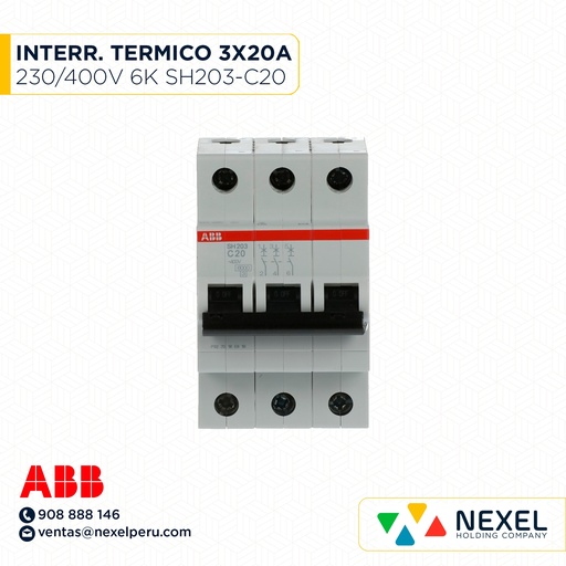 [G11212] INTERR. TERMICO 3X20A 230/400V 6K SH203-C20 ABB