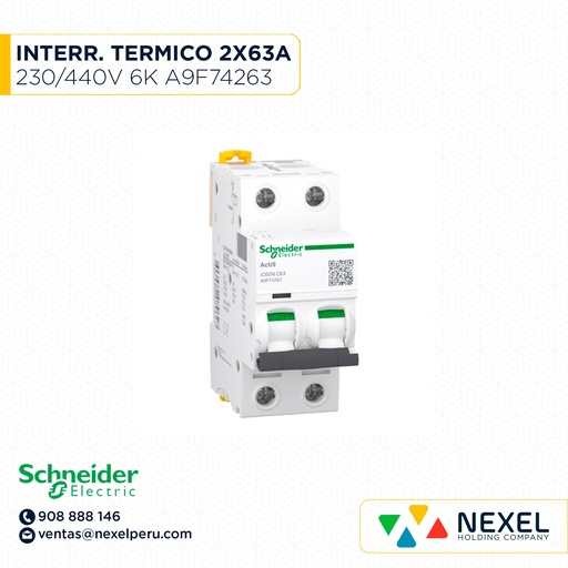 [G11113] INTERR. TERMICO 2X63A 230/440VAC 20/6KA IC60N A9F74263 SCHNEIDER