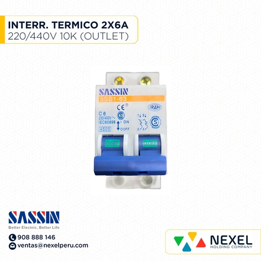 [G11067] INTERR. TERMICO RIEL DIN 2X6A 10K 220/400V SASSIN