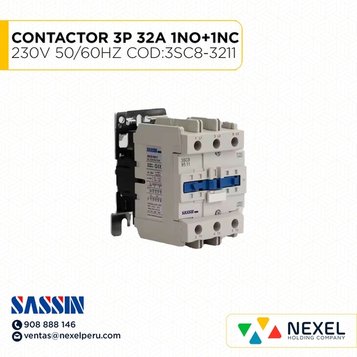 [G31044-O] OUT-CONTACTOR 3P 32A (1NO+1NC) 230V 50 / 60 HZ COD:3SC8-3211 SASSIN