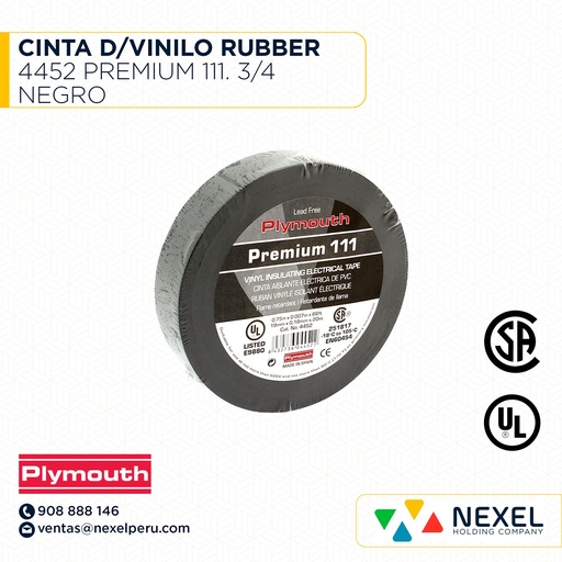 [F14055] CINTA D/VINILO RUBBER 4452 PREMIUM 111. 3/4 NEGRO PLYMOUTH