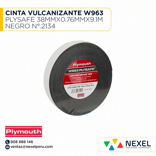 [F23500-O] OUT-CINTA VULCANIZANTE W963 PLYSAFE 38MMX0.76MMX9.1M NEGRO N°.2134 PLYMOUTH