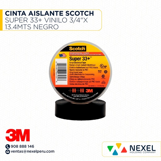 [F12383] CINTA AISLANTE SCOTCH SUPER 33+ VINILO 3/4"X 13.4MTS NEGRO 3M