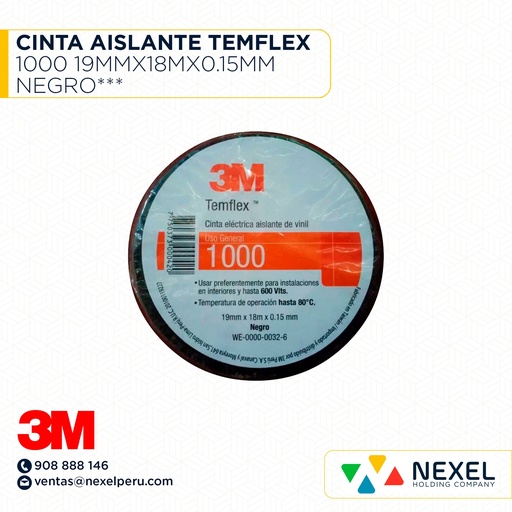 [F12377] CINTA AISLANTE TEMFLEX 1000 19MMX18MX0.15MM NEGRO*** 3M