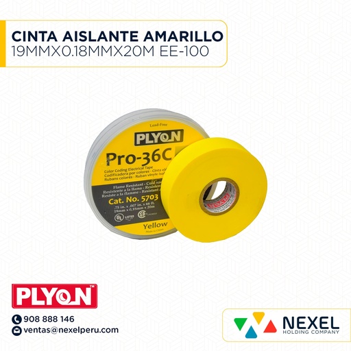 [F11623] CINTA AISLANTE AMARILLO 19MMX0.18MMX20M EE-100 PLYON