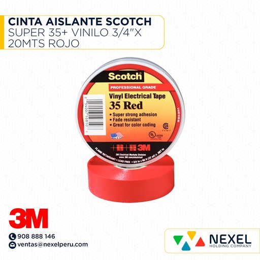 [F11621] CINTA AISLANTE SCOTCH SUPER 35+ VINILO 3/4"X 20MTS ROJO 3M