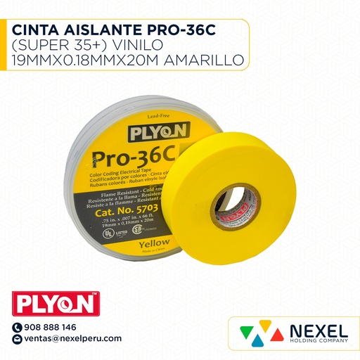 [F11609] CINTA AISLANTE PRO-36C (SUPER 35+) VINILO 19MMX0.18MMX20M AMARILLO PLYON