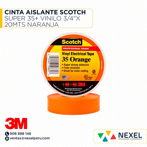 [F11606] CINTA AISLANTE SCOTCH SUPER 35+ VINILO 3/4"X 20MTS NARANJA 3M