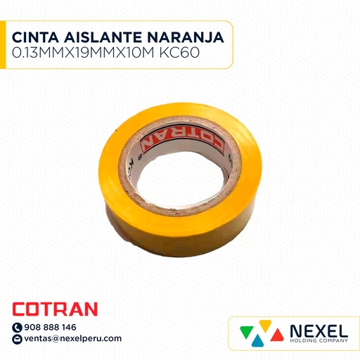 [F11603] CINTA AISLANTE NARANJA 0.13MMX19MMX10M KC60 COTRAN