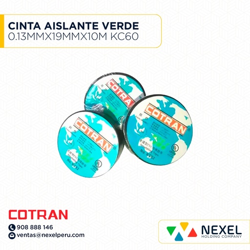 [F11599] CINTA AISLANTE VERDE 0.13MMX19MMX10M KC60 COTRAN