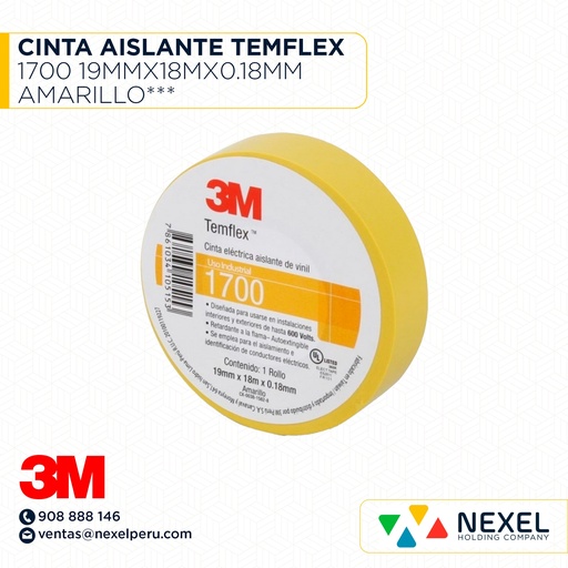 [F11570] CINTA AISLANTE TEMFLEX 1700 19MMX18MX0.18MM AMARILLO*** 3M