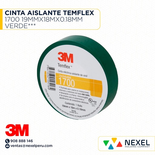 [F11564] CINTA AISLANTE TEMFLEX 1700 19MMX18MX0.18MM VERDE*** 3M