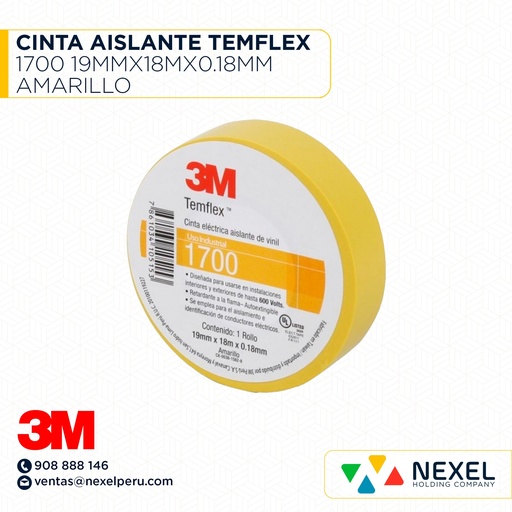 [F11028] CINTA AISLANTE TEMFLEX 1700 19MMX18MX0.18MM AMARILLO 3M