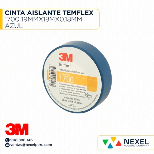 [F11027] CINTA AISLANTE TEMFLEX 1700 19MMX18MX0.18MM AZUL 3M