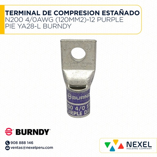 [F122533] TERMINAL DE COMPRESION ESTAÑADO N200 4/0AWG (120MM2)-12 PURPLE PIE YA28-L BURNDY
