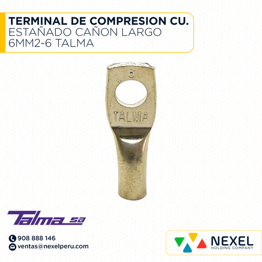 [F122107] TERMINAL DE COMPRESION CU. ESTAÑADO CAÑON LARGO 6MM2-6 TALMA
