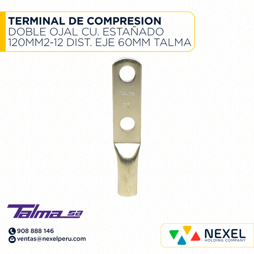 [F121946] TERMINAL DE COMPRESION DOBLE OJAL CU. ESTAÑADO 120MM2-12 DIST. EJE 60MM TALMA