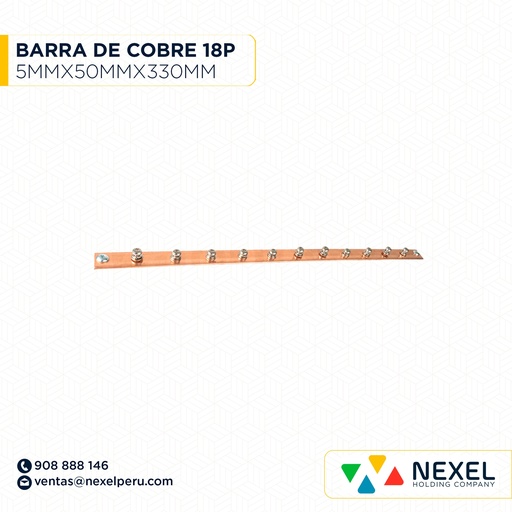 [E44053] BARRA DE COBRE 5MMX50MMX330MM DE 18 PERNOS S/AISLADOR STANDARD