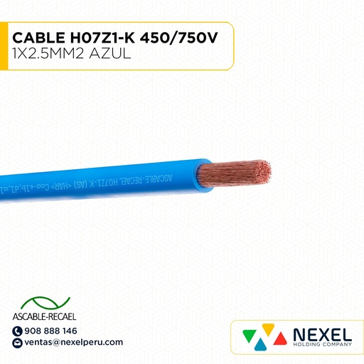 [A16031] CABLE H07Z1-K 450/750V 1X2.5MM2 AZUL (RLL X100MTS) ASCABLE