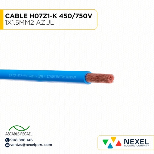 [A16026] CABLE H07Z1-K 450/750V 1X1.5MM2 AZUL (RLL X100MTS) ASCABLE
