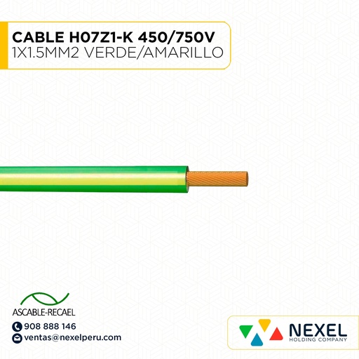 [A16022] CABLE H07Z1-K 450/750V 1X1.5MM2 VERDE/AMARILLO (RLL X100MTS) ASCABLE