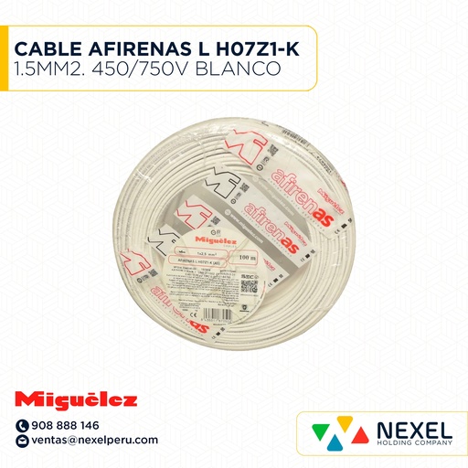 [A16001] CABLE AFIRENAS L H07Z1-K 1.5MM2. 450/750V LIBRE DE HALÓGENO BLANCO. CLASE 5 MIGUELEZ