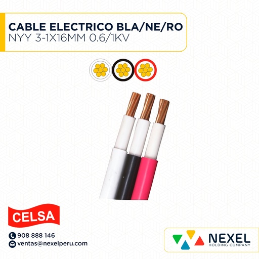 [A24463] CABLE ELECTRICO NYY 3-1X16MM 0.6/1KV BLA/NE/RO CELSA