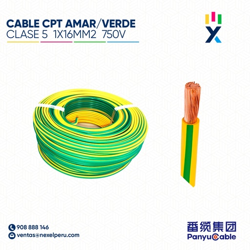 [A12419-1] CABLE CPT CLASE 5 1X16MM2 750V AMARILLO VERDE BICOLOR PANYU