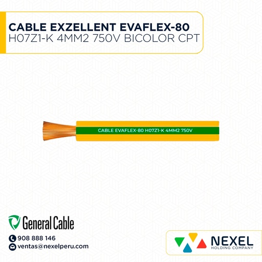 [A11944-3] CABLE EXZELLENT EVAFLEX-80 H07Z1-K 4MM2 LIBRE DE HALOGENO 750V BICOLOR VERDE/AMARILLO CPT GENERAL CABLE
